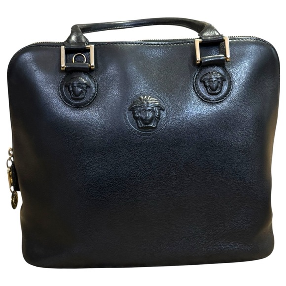 Gianni Versace Vintage Black Leather Medusa Handbag Satchel #YoloLuxe - Picture 1 of 12